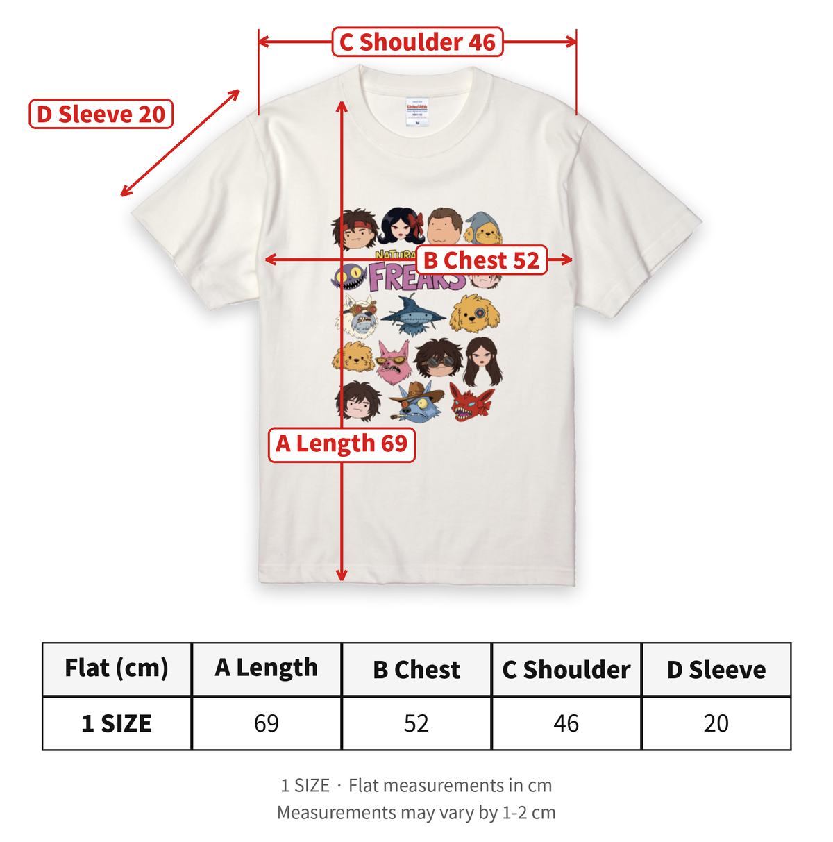 T-shirt size chart (1 SIZE): length 69cm, chest 52cm, shoulder 46cm, sleeve 20cm